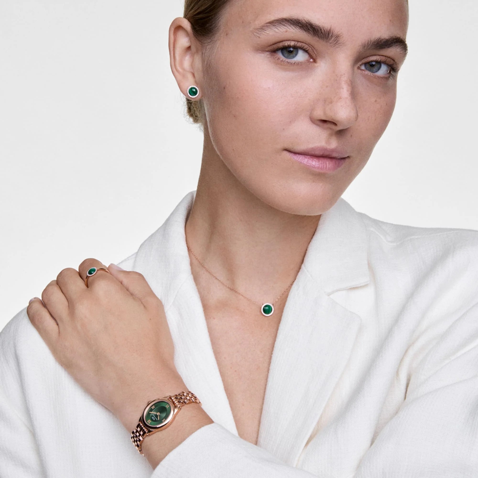 Reloj Ophelia Mini — Esfera verde y brazalete metálico en oro / oro rosa — ROUCLÊ Maison Contemporaine