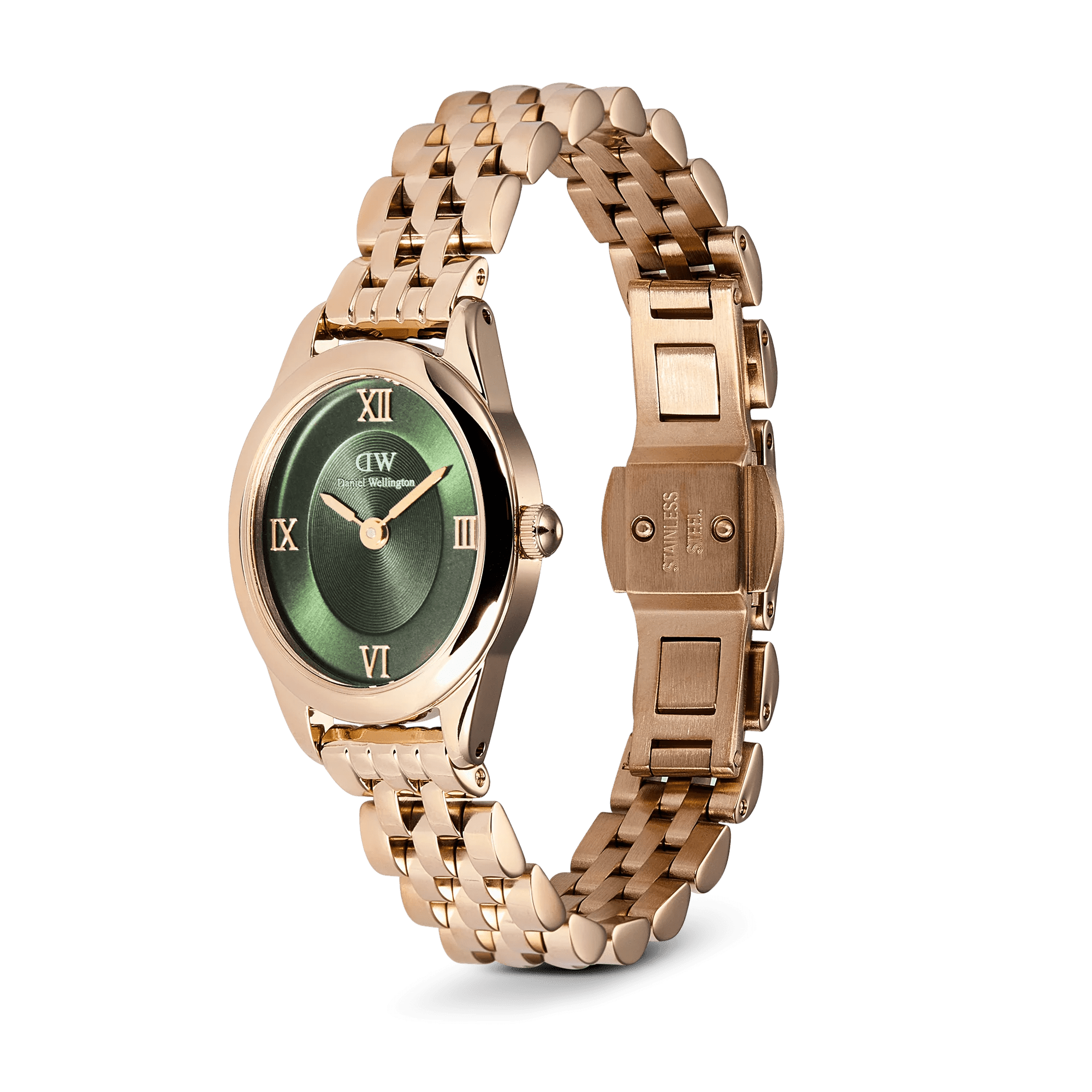 Reloj Ophelia Mini — Esfera verde y brazalete metálico en oro / oro rosa — ROUCLÊ Maison Contemporaine