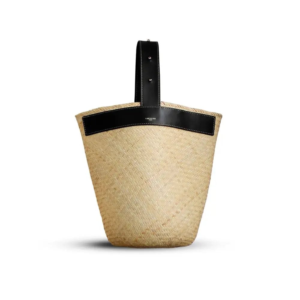 Sac Borneo — Bolso de palma con asa de cuero negro — ROUCLÊ Maison Contemporaine