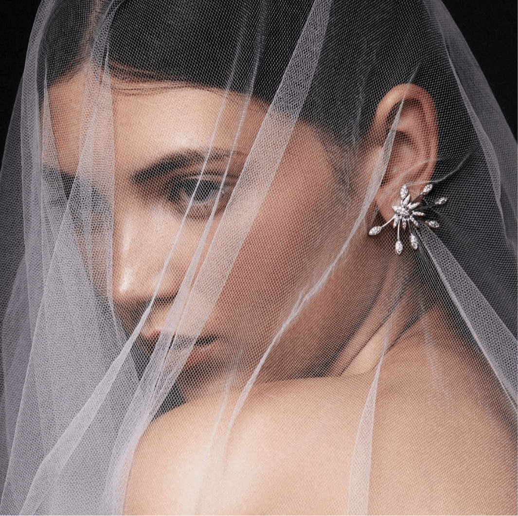 Pendientes ROUCLÊ Fragmentos en plata y circonitas — editorial con modelo y velo de novia