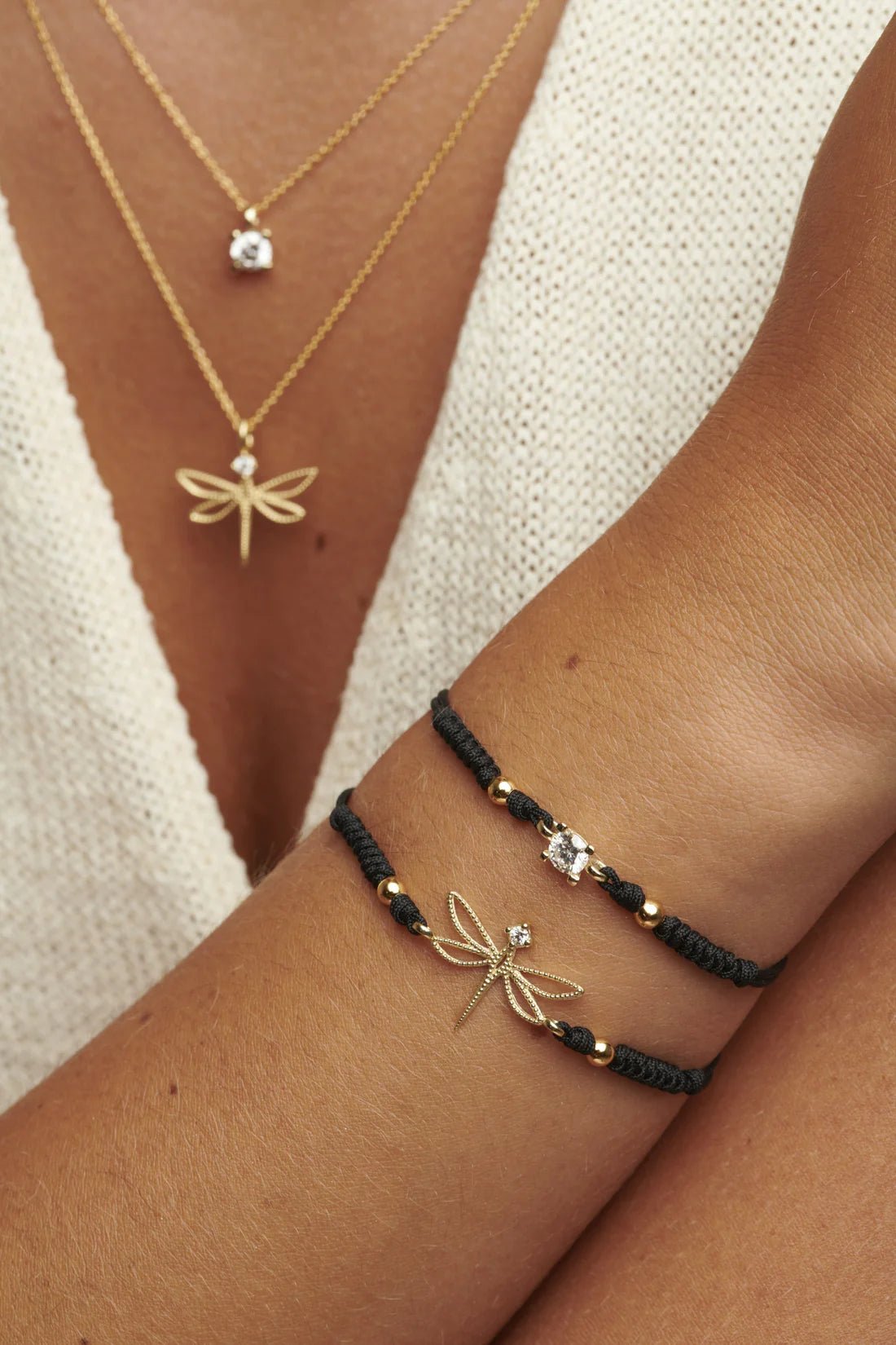 Pulsera Iconic — en oro 9K con diamante lab y cordón macramé — ROUCLÊ Maison Contemporaine