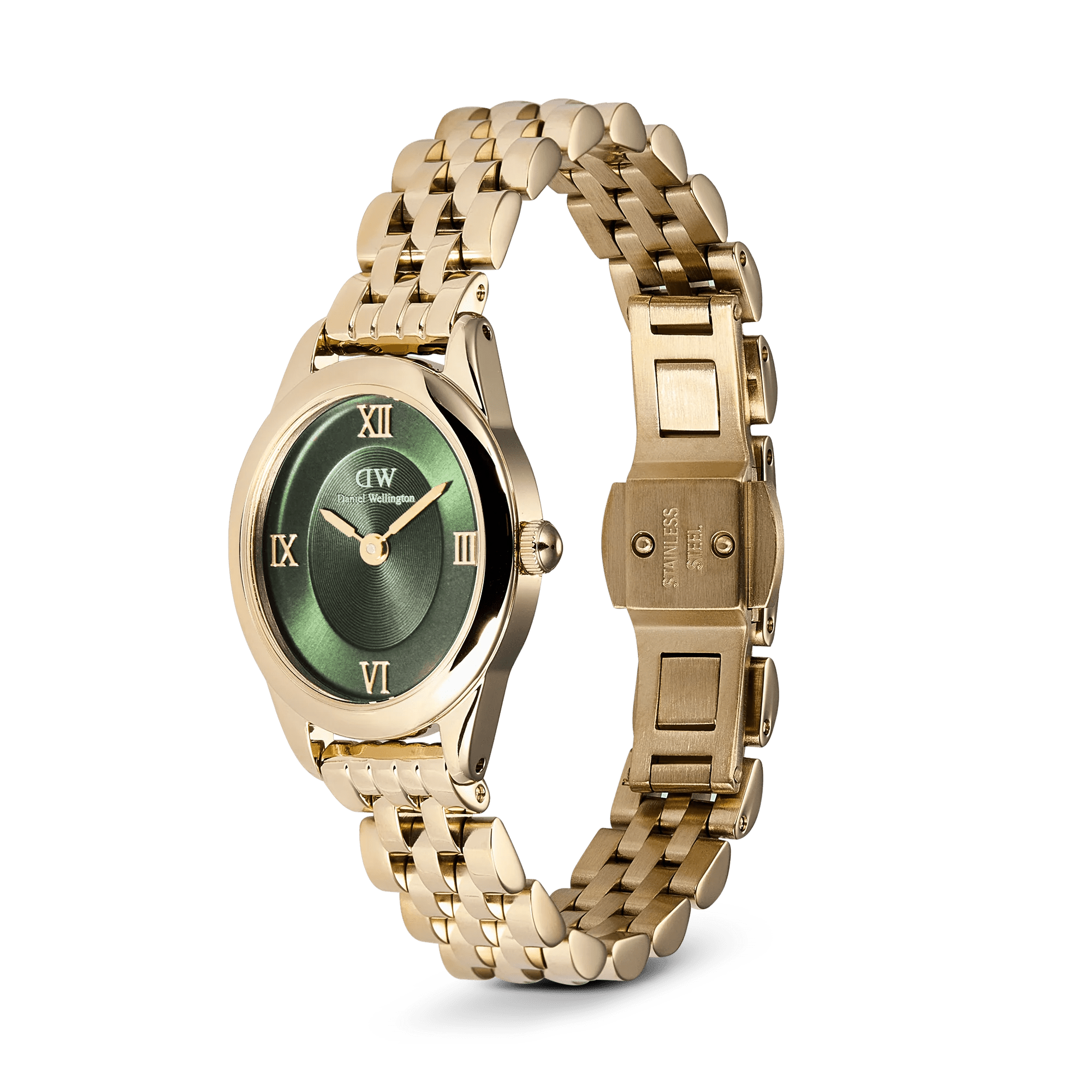 Reloj Ophelia Mini — Esfera verde y brazalete metálico en oro / oro rosa — ROUCLÊ Maison Contemporaine